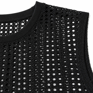Wholesale <b>Men's</b> <b>Black</b> Knitted Sleeveless Tank Top Crew Neck Hollow Out Dot Pattern Breathable Casual Wear - Product Image 3