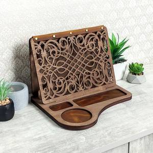 Wooden <b>Book</b> <b>Stand</b> & Bookends Cup <b>Holder</b> Reading Tray Desk Organizer Modern Art Engraved Home Office Coffee Accessory - Product Image 4