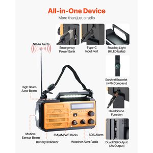 Radio meteorologica di emergenza con batteria da 8000 mAh e schermo LCD, allerta FM/AM/WB/NOAA, ricarica solare e a manovella, ricarica USB/Type-C, funzione SOS - Product Image 6