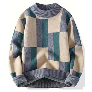 OEM Wholesale <b>Men</b> 380 GSM Polyester Cotton Knitted Sweater O-Neck Color Block Casual Pullover Custom Logo Manufacturer - Product Image 4