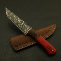 Couteau EDC à lame fixe en acier Damas, pointe tombante, forgé à la main, manche en bois Pakka rouge, bolster en bois, couteau utilitaire pour camping et bushcraft