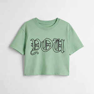 Camiseta Corta de Algodón para Mujer, Color Verde Menta, Cuello Redondo, Manga Corta, con Estampado de Logotipo Gótico, Estilo Casual de Primavera/Verano - Product Image 1