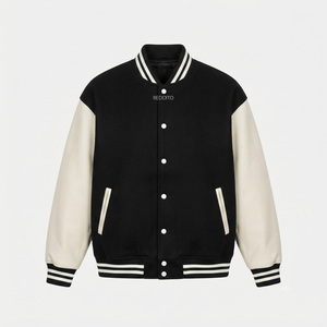 REDDITO SPORTS Men's Coated Patchwork Front Letterman Jacket Cotton Sleeve Black Beige Solid Color <b>Turn</b>-down Collar Horn <b>Button</b> - Product Image 1
