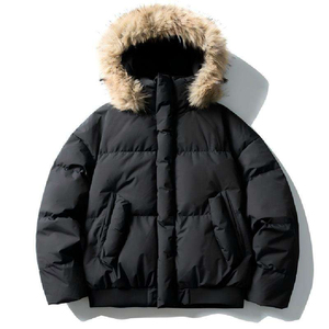 Custom Men's Black Hooded Puffer <b>Jacket</b> 100% <b>Leather</b> Fur Trim Insulated Windproof <b>Winter</b> Coat Warm Thick Zip Streetwear Outdoor - Product Image 6