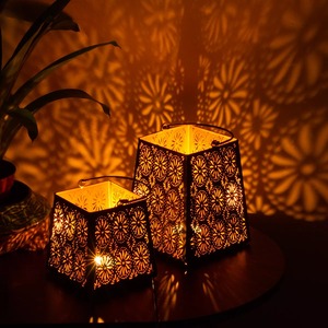 Iron <b>Lantern</b> <b>Set</b> With Floral Cutouts Black And Gold Home Decoration Durable Outdoor Indoor Use - Product Image 5