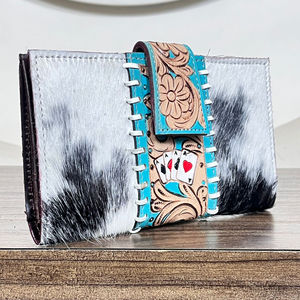 Hot Selling Western Real Hair On Hide <b>Leather</b> Wallet New Turquoise <b>Tooled</b> <b>Leather</b> Floral playing cards Designer Ladies Clutches - Product Image 4