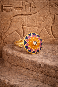 Gold Plated Blue Pink Yellow Enamel Round <b>Adjustable</b> Finger <b>Ring</b> for Women Floral Mandala Stone Studded Designer Jewelry Gift - Product Image 4