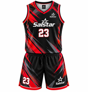 Ensemble de maillots de basket-ball pour hommes, sans manches, col en v, respirant, noir et rouge, uniforme d'équipe avec logos personnalisés des sponsors du club, noms et numéros - Product Image 1