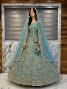 Lehenga Choli en soie turquoise avec voile brodé, robe de mariée indienne traditionnelle longue, coupe classique - Product Image 2