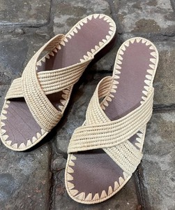 Handmade Woven Raffia Sandals, Boho Cross Strap Summer <b>Slides</b>, Minimalist Beach Flats - Product Image 2