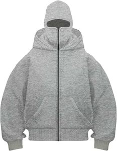 Custom <b>Men's</b> Double Balaclava Hoodie Polyester Cotton Full Zip Streetwear Jacket Casual Style With Attached <b>Face</b> Cover And Cuffs - Product Image 5