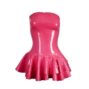 <b>Pink</b> <b>Latex</b> Strapless Mini <b>Dress</b> With Ruffles Fit And Flare Party Wear Summer Style - Product Image 2
