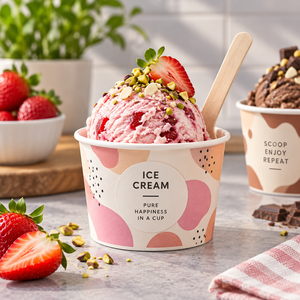 Vaso para Helado EcoRev de 90 mm, Pared Simple, Materiales Reciclados, Ecológico, Biodegradable, Papel de Grado Alimenticio, Logotipo de Hoja, Patrones Verdes - Product Image 4