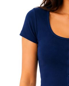 Blusa de punto acanalado azul marino personalizada para mujer, top corto de manga corta con botones frontales, corte ajustado, cuello cuadrado, informal, de algodón, para verano - Product Image 3