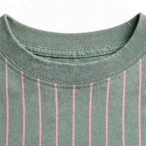 NEXTEX เสื้อยืดลายทางสำหรับทุกเพศ สีเขียวอมเทา สีชมพู ผ้าฝ้ายเนื้อนุ่ม คอกลม เสื้อยืดลำลอง - Product Image 5