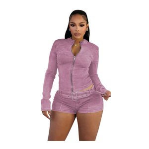 Conjunto de pantalones cortos de punto gris de 2 piezas para mujer, con top con cremallera y cuello en V y pantalones cortos vaqueros de cintura alta, atuendo informal para primavera y verano - Product Image 2