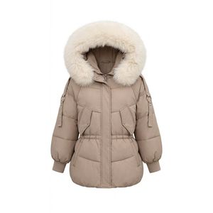 Custom Beige Women's Polyester Belted Puffer Jacket Fur Hood Quilted Winter <b>Coat</b> Padded Outerwear Winter Fashion - Product Image 4