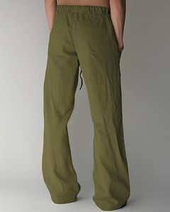 Pantalon large en lin vert olive pour homme, taille élastique avec cordon de serrage, décontracté, été, avec poches latérales, léger et respirant - Product Image 3