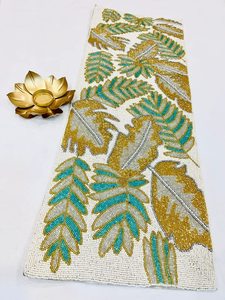 Embroidered <b>Table</b> <b>Runner</b> with Plant Pattern in Blue Green and Gold Bohemian Style for Home Decor Washable - Product Image 5