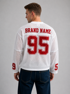 Camiseta Clásica de Fútbol Americano Personalizada, Manga Larga, Blanca, Transparente, de Malla, Unisex, Hombros Caídos, Corte Holgado, Estilo Retro Varsity - Product Image 2