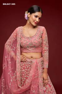 Conjunto de Lehenga-Choli Rosa Semisellado con Bordado de Zari-Badla-Glitter Dori y Red Suave de Alta Calidad, Venta al por Mayor - Product Image 3