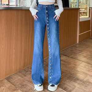 Pantalones Vaqueros de Mezclilla para Mujer, Cintura Media, Corte Holgado, con Volantes de Encaje, 100% Algodón, Tela con Memoria, Estilo Casual y Urbano, Tendencia de Moda - Product Image 5