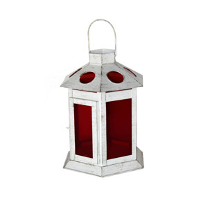 Farol Colgante Hexagonal de Metal Blanco Desgastado Mediano con Ventilación Ovalada, Techo Inclinado, Vidrio Teñido Rojo y Asa de Alambre para Mesa - Product Image 4