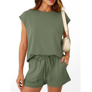 Conjunto de Dos Piezas de Verano para Mujer, con Logotipo Personalizado, Camiseta de Manga Corta y Pantalones Cortos, Color Sólido, Último Diseño - Product Image 1