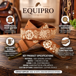 Equipro Premium Heavy Duty Striped Embroidered Leather Polo Belt Decorative Metal Concho Pin Buckle Square Buckle <b>Element</b> 1.5 - Product Image 4