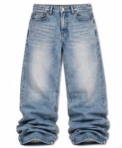 Jean en denim ample vintage pour homme, coupe décontractée taille haute, jambe large, délavage clair, longueur intégrale, en coton, style streetwear - Product Image 1