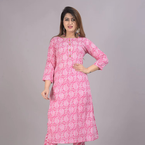 Conjunto de Salwar Kameez de Algodón con Estampado Floral Étnico Rosa para Mujer, con Kurta Largo hasta la Pantorrilla y Pantalones de Secado Rápido - Product Image 1