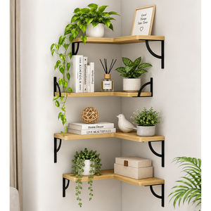 Étagères d'angle murales à 4 niveaux en bois avec supports en fer, design minimaliste pour le rangement dans le salon - Product Image 4
