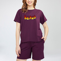 Nouvel ensemble deux pièces pour femme, violet uni, t-shirt à manches courtes et short, coupe décontractée, col en V, respirant, pour l'automne