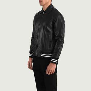 <b>Mens</b> Black PU <b>Leather</b> Bomber Varsity Collar Zipper Closure Regular Fit Autumn Wear Moto Style - Product Image 2
