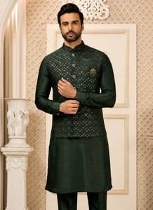 Mens Roman Silk Kurta <b>Pant</b> Ensemble With <b>Sequin</b> Embroidered Waistcoat Jacket For Wedding Festive And Traditional Occasions - Product Image 5
