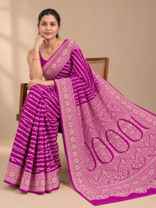 Sari de Algodón Crepé Georgette Banarasi Morado LoomIndia con Blusa, Ligero, de Materiales Reciclados, Étnico, para Bodas y Fiestas - Product Image 4
