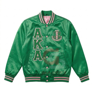 เสื้อแจ็คเก็ตบอมเบอร์ผ้าซาตินสีเขียวชมพู ปักอักษรกรีก ป้องกันลม  สำหรับชมรมนักศึกษาหญิง  แบบครอป - Product Image 1