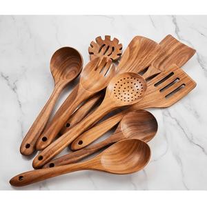 Ensemble d'ustensiles de cuisine écologiques en bois d'acacia : Cuillère de service, Spatules ajourées, Spatules à frire, Écumoire, Ustensiles de cuisine, Saladier - Product Image 1