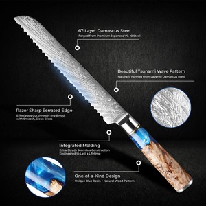 Couteau à pain dentelé en acier Damas de qualité supérieure, lame de 8 pouces, manche en bois de résine bleue, professionnel pour boulangerie et cuisine - Product Image 5