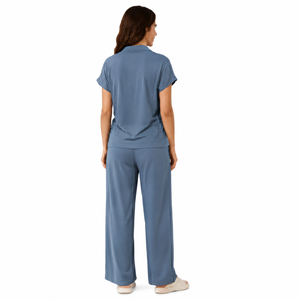Ensemble décontracté deux pièces pour femme : haut côtelé à col polo et manches courtes, pantalon large à cordon de serrage - Product Image 6