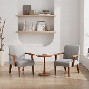 Set di 2 Poltrone in Tessuto con Tavolino Rotondo in Legno per Soggiorno - Product Image 1