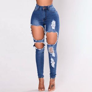Jean en denim sexy pour femme de haute qualité, déchiré, taille mi-haute, coupe ample, en polyester/coton, lavable, respirant, délavage moyen - Product Image 1