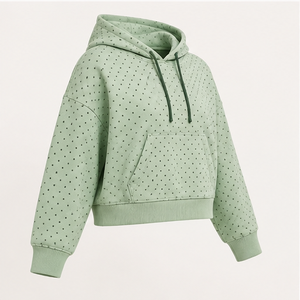 Sweat à capuche personnalisé pour femme, coupe ample et courte, motif micro-quadri et pois, en coton biologique French Terry, couleur menthe pâle - Product Image 4