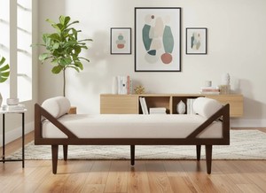 Chaise longue de style mid-century moderne avec revêtement en tissu capitonné et pieds coniques en teck pour salon, chambre et hôtel - Product Image 2