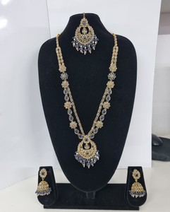 Delicate Floral Alloy Kundan Rani Haar <b>Set</b> Long Necklace <b>Beads</b> Traditional Jhumkas 3 Piece Ethnic Wedding Party Gift Collection - Product Image 6