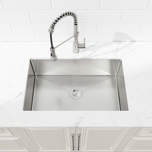 Lavello da cucina a incasso singolo 33x19 pollici, fatto a mano, in nichel spazzolato, con scarico standard USA, per ville e laboratori - Product Image 2