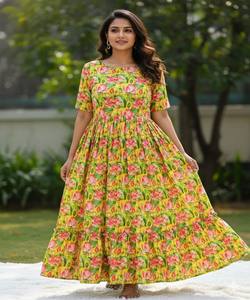 Vestido de Trabajo de Algodón Muselina con Estampado Floral, para Uso Diario, Precio al por Mayor, Prenda Étnica, Kurti Amarillo Estilo Indio, de Secado Rápido - Product Image 1