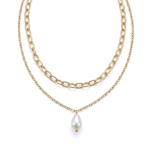 Collier ras du cou tendance en acier inoxydable doré avec pendentif géométrique superposé et perle en forme de goutte pour femme, idéal pour les soirées - Product Image 1