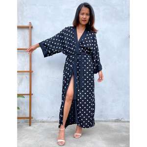 Vestido Kaftán Holgado con Cinturón, Cuello en V, Cintura Natural, Estampado de Puntos Negros, Ecológico, para Mujer, Ropa Casual de Resort - Product Image 2