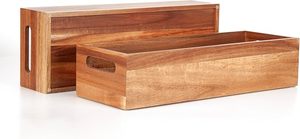 Carved Acacia Wood 12-Inch <b>Bathroom</b> Storage Boxes Toilet Paper Tissue Roll <b>Holder</b> Baskets Caddy Vanity Bins Decorations - Product Image 2